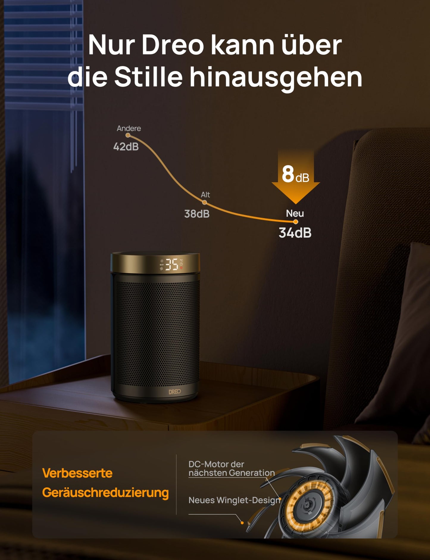 Dreo 1500W PTC Heizlüfter – Leise, Gold