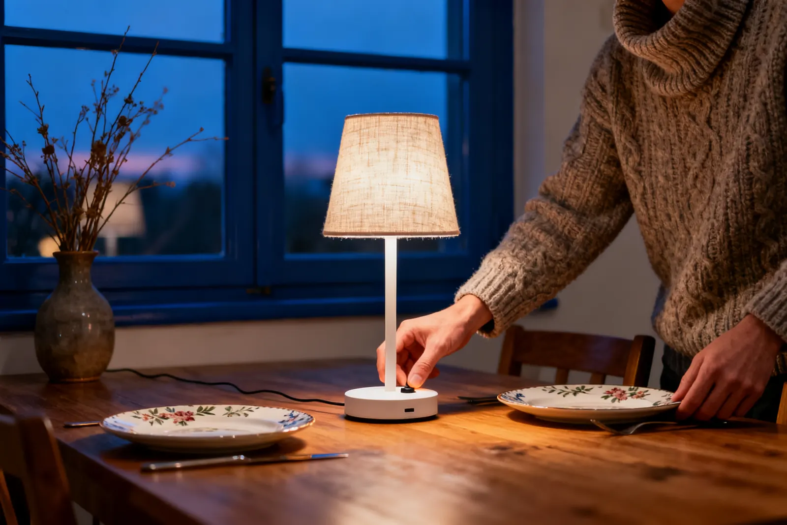 Hands switching on a small cordless lamp on a dining table at dusk