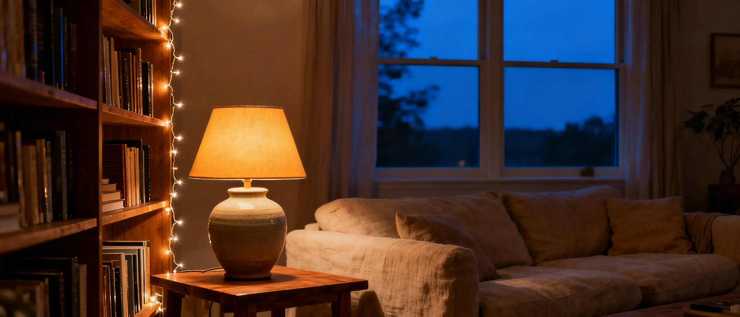 A living room at dusk lit by a warm table lamp and fairy lights along a bookshelf