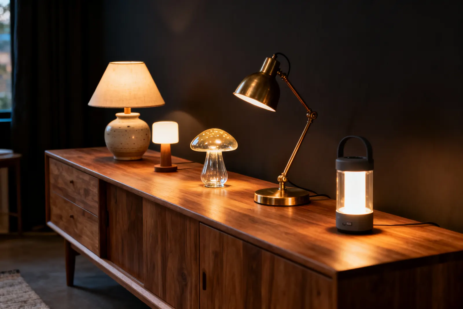 A row of small lamps glowing on an oak sideboard
